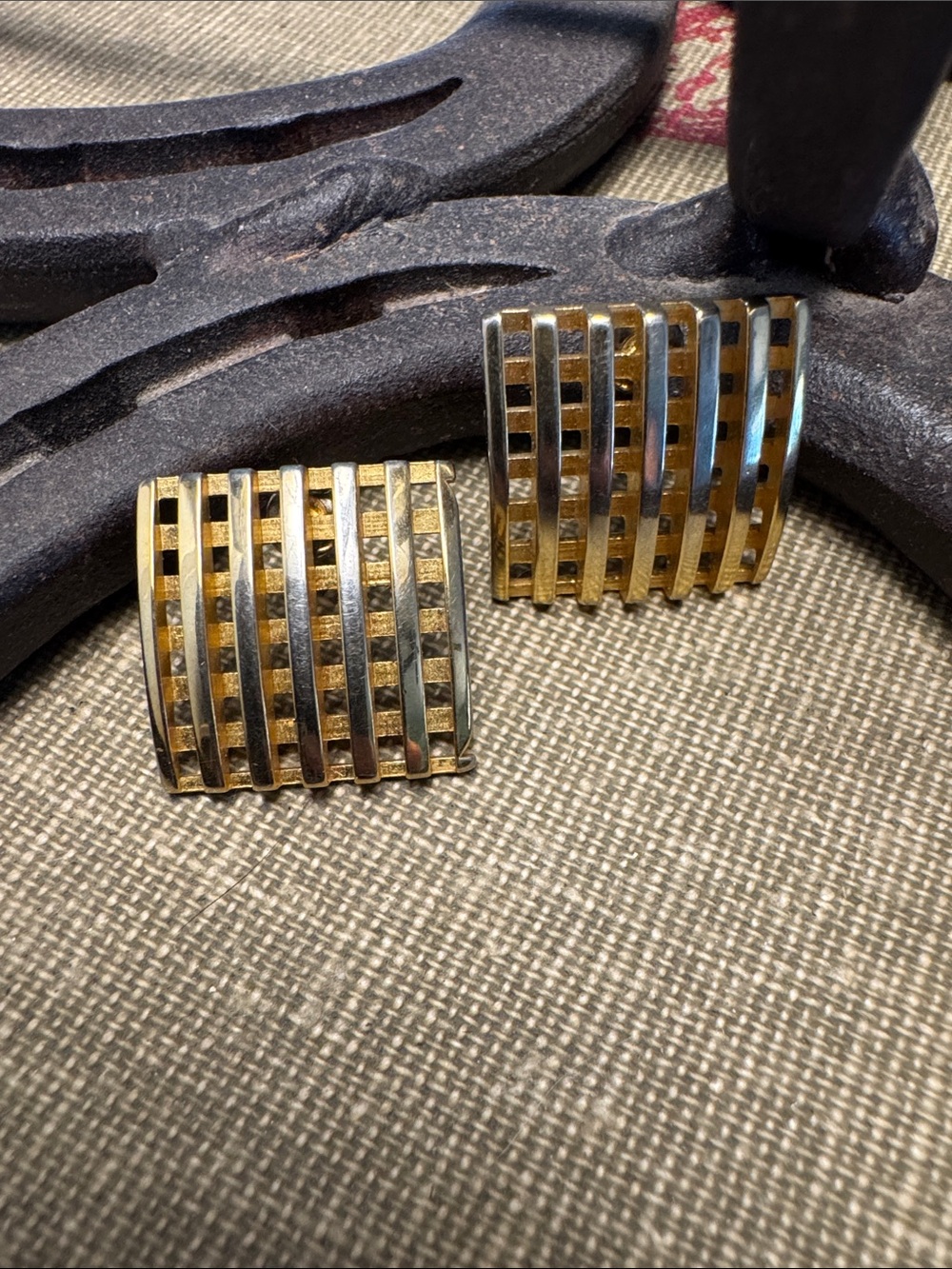Gold Tone Waffle Style Earrings - Picture 1 of 3